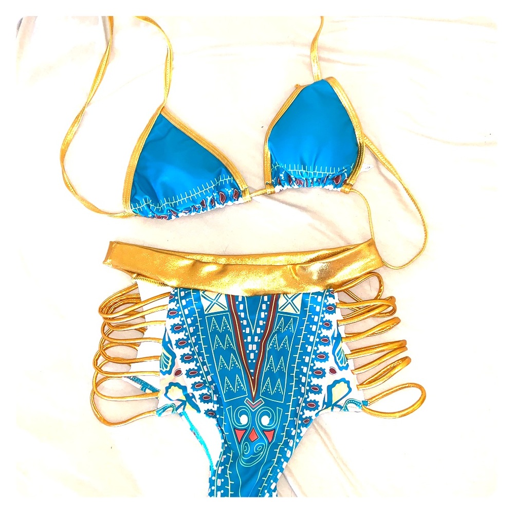 Blue Aztec Bikini with Gold Trim